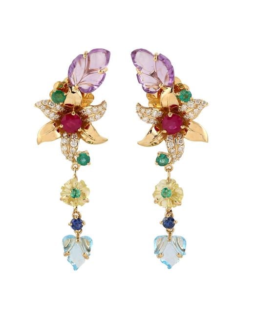 Artisan Multicolor Carving Multi Gemstone 18k Gold Natural Diamond Beautiful Flower Dangle Earrings