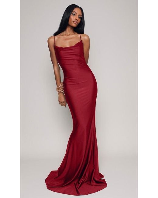 Moda Glam Red Jersey Draped Neck Gown- Cabernet