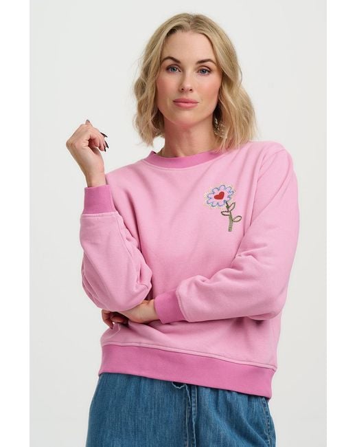 Sugarhill Pink Mindy Blouson Sleeve Sweatshirt, Heart Flower