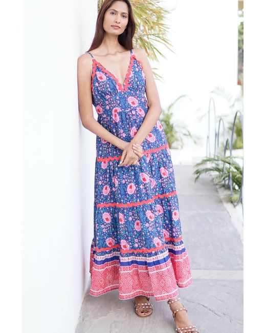 La Mandarine Blue Summer Maxi Dress With Pockets. Block Print Cotton Summer Maxi Dress Beatriz