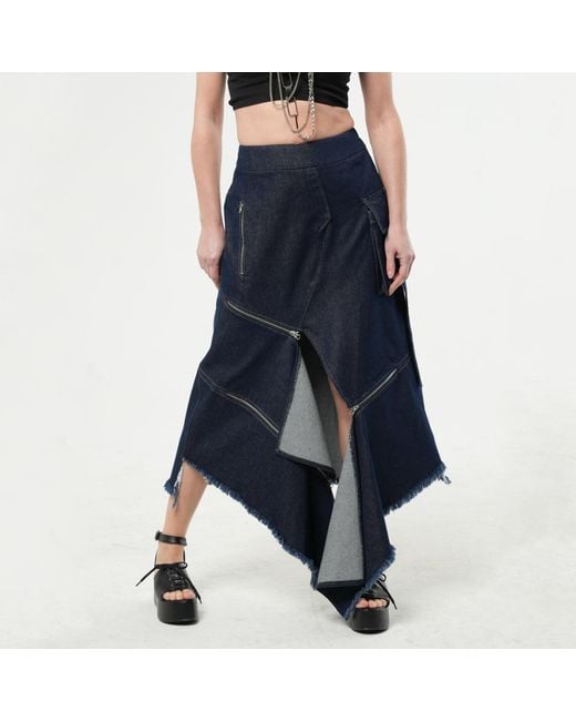 Metamorph Blue Asymmetric Dark Denim Skirt With Zippers