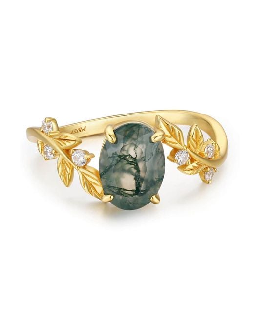 Azura Jewelry New York Metallic Between The Leaf Oval Moss Agate Ring Solid