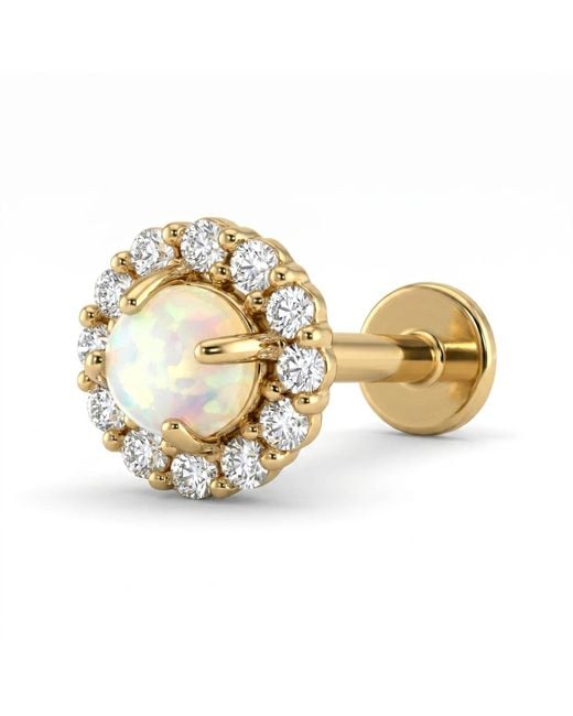 Zahav Jewelry Metallic 14K Solid 18G 8Mm Opal & Round Cz Internally Threaded Flat Back Stud