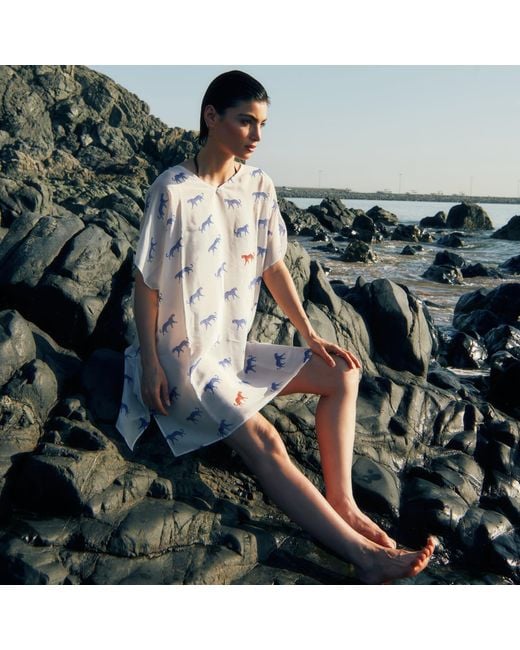 DHARA SHETH DUBAI Blue Leopard Luxe Sheer Short Kaftan Dress