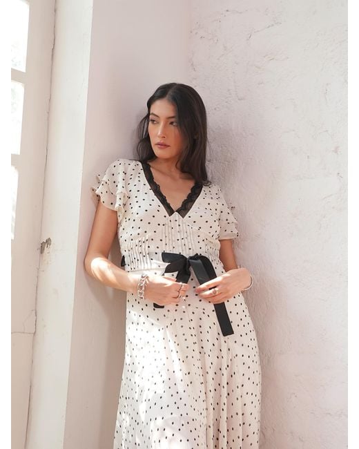 Rose & Nancy Gray Chloe Polka Dot Print Lace Detail Tie Waist Maxi Dress