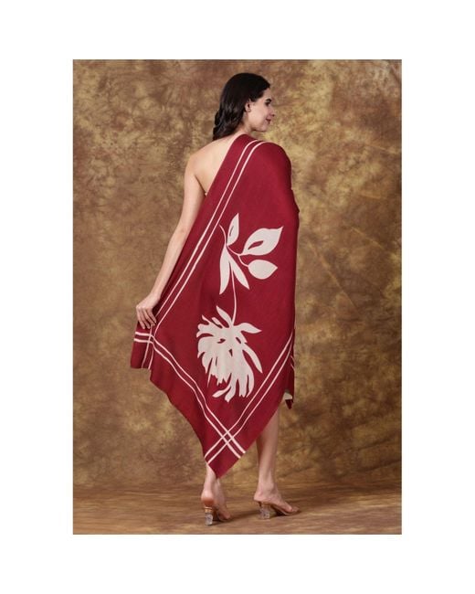 Heritagemoda Red Neutrals Hand-Painted Wool-Silk Scarf – Deep Burgundy With Soft Nude Floral Accents