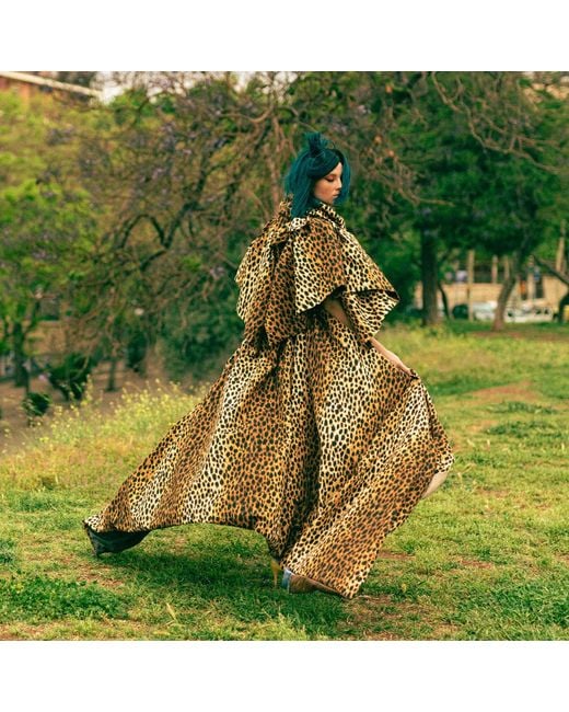 Miro Misljen Brown Leopard Print Dramatic Wrap Cape Coat