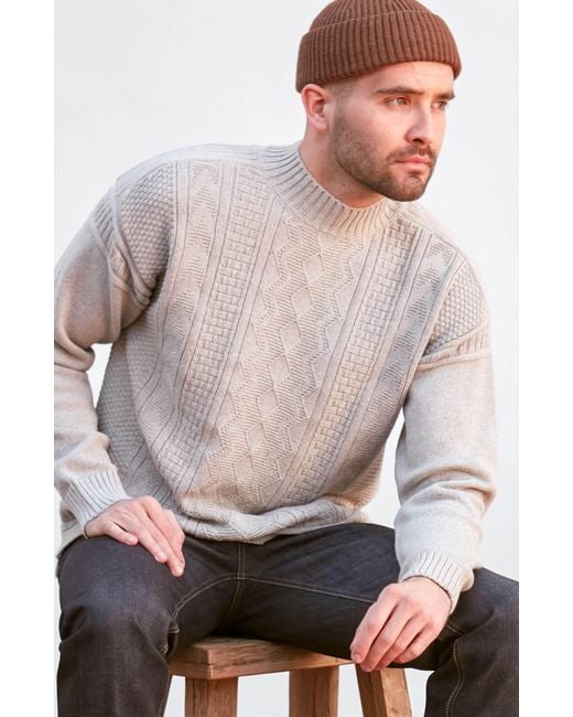 Paul James Knitwear Gray Midweight Cotton Cromer Mock Neck Gansey Jumper for men