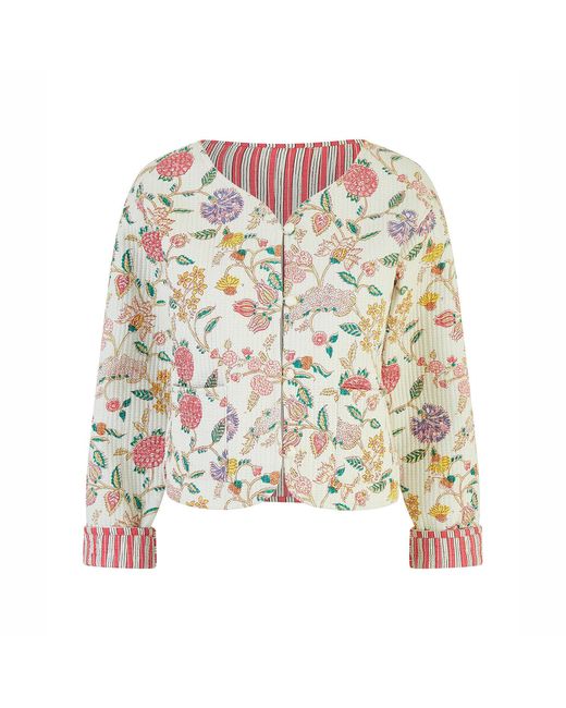 Yumi' White Floral Print Reversible Cotton Cropped Quilted Jacket