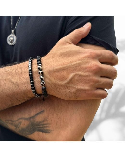 Ebru Jewelry Black Tibetan Agate Beaded Bracelet for men