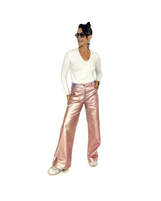 Lalipop Design Pink Metallic Finish Cotton-Blend Wide-Leg Pants
