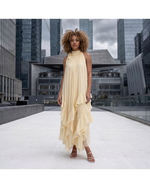 Modenaire Metallic Halter Neck Maxi Dress With Ruffle Layers And Waist Tie