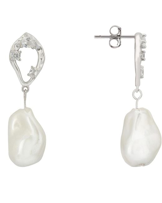 Latelita London White Midsummer Baroque Pearl Drop Earrings Silver
