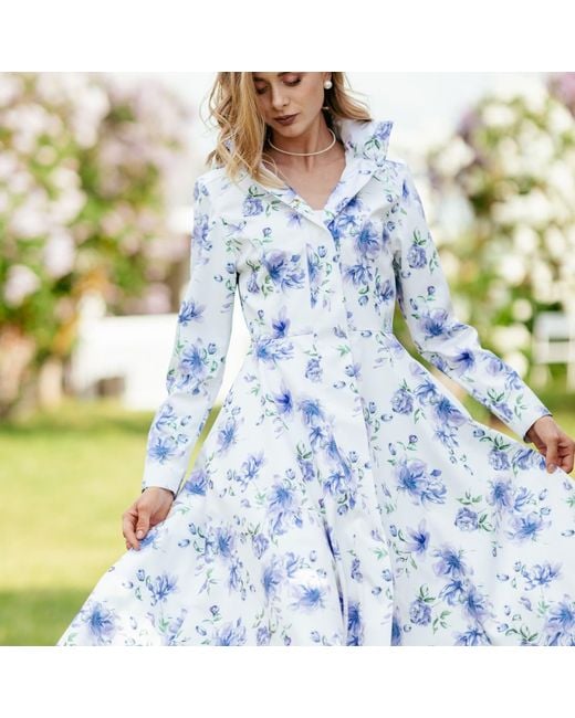 RainSisters Blue Midi Length Coat With Flower Print: Floral