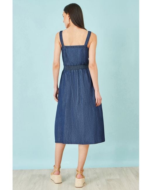 Yumi' Blue Chambray Cotton Ruched Midi Sun Dress