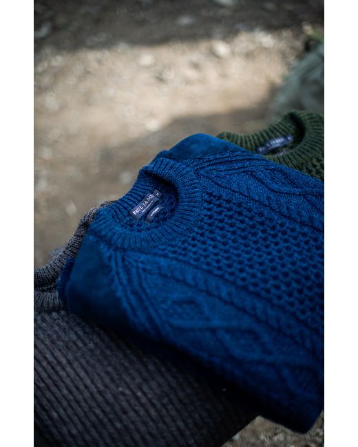Paul James Knitwear Blue Chunky Merino Wool Archiee Shooting Jumper for men