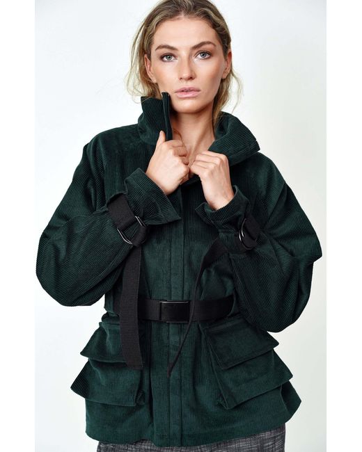 Gunda Hafner Ltd Green Cotton Corduroy Funnel Neck Jacket With Belt