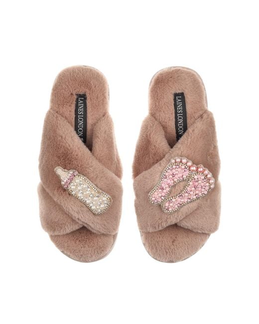 Laines London Natural Classic Laines Slippers With New Baby Girl Brooches
