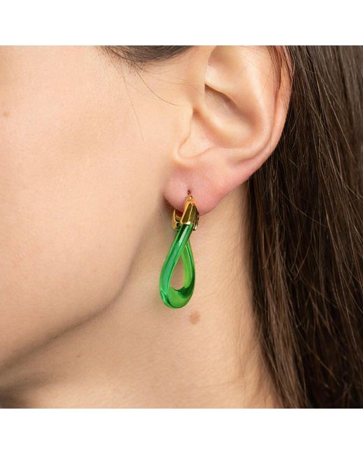 Gold & Honey Green Emerald Curb Link Lucite Birthstone Hoop Earrings