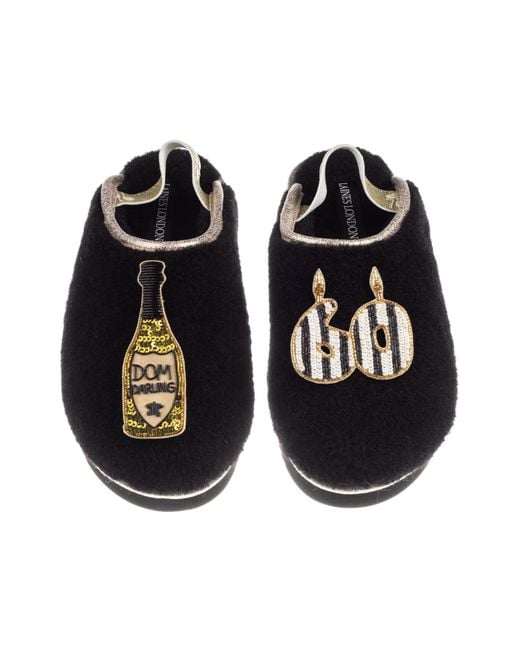 Laines London Black Flatform Cloud Closed Toe Slippers With Stripe 60Th Birthday & Dom Darling Brooches