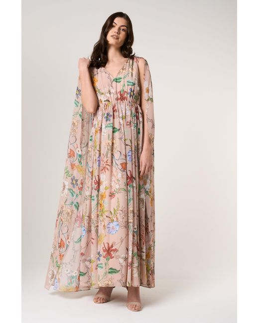 Frock and Frill Multicolor Neutrals Melia Floral Print Cape Sleeve Maxi Dress