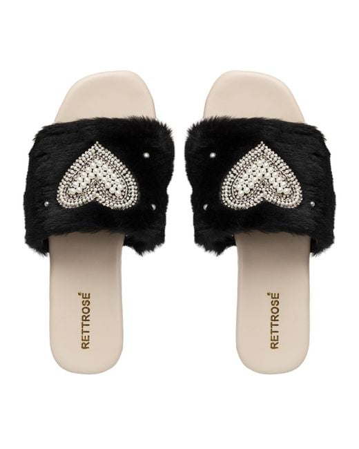 Rettrose Black Lilah Luxury Plush Diamanté Embellished Handmade Sliders