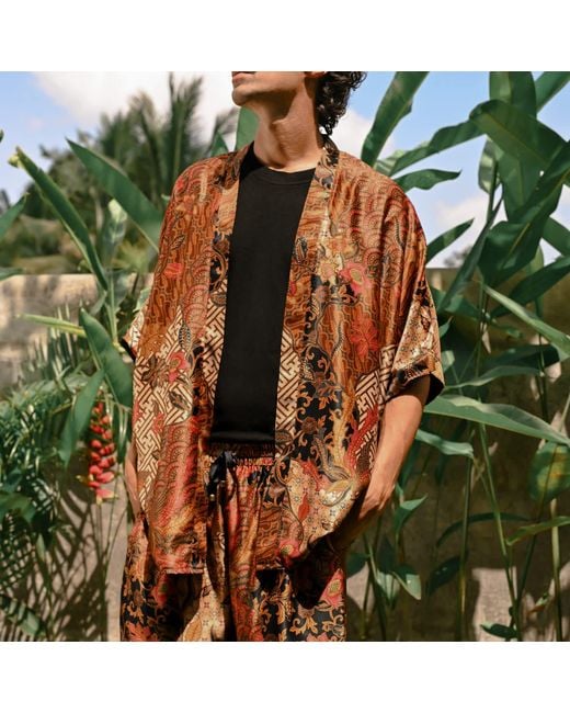 ORIGIN OF HEARTS Brown Tarua Floral Print Resort Satin Kimono Shirt for men