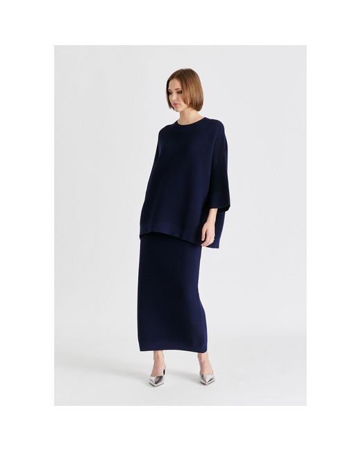 Paisie Blue Mock Neck Cropped Sleeve Ribbed Jumper