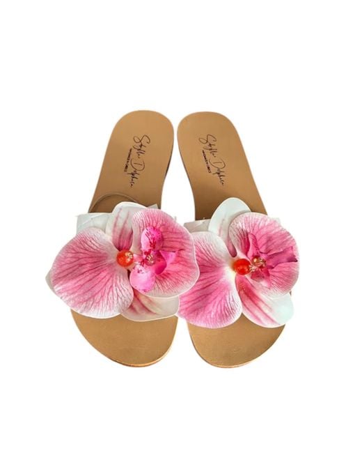 Sibylla Delphica Pink Calanthe Flat Leather Sandals