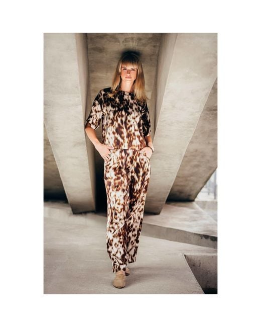 Oh!Zuza Brown Neutrals Echo Oversized Viscose Satin T-Shirt – Chocolate Print