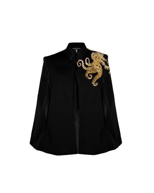 House of Laines London Black Laines Couture Tailored Cape With Embellished Octopus
