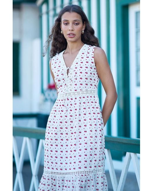 Yumi' White Cherry Print Lace Trim Cotton Midi Dress