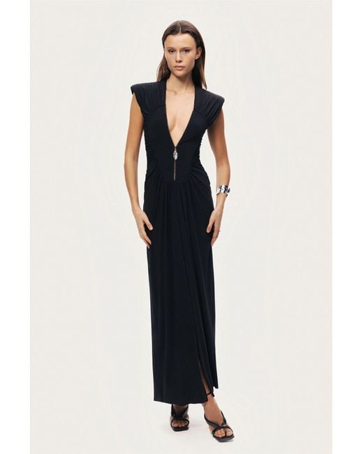 Nocturne Black Ruched Deep V-Neck Maxi Dress