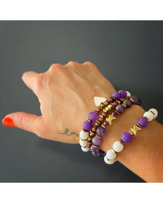Ebru Jewelry Multicolor Butterfly & Heart Charm Amethyst Beaded Bracelet Set