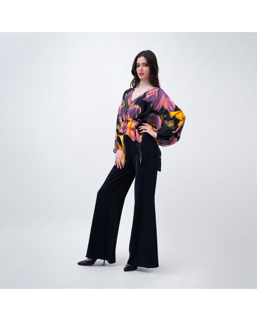 BLUZAT Blue Printed Blouse With Flared Sleeves And V-Neck