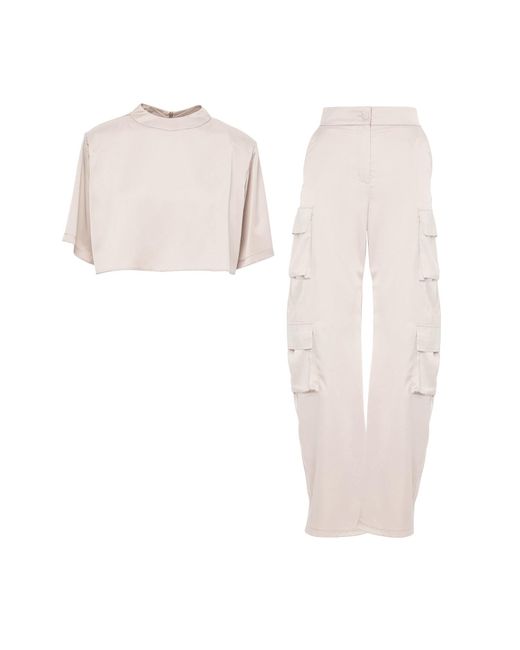BLUZAT White Neutrals Ivory Matching Set With T-shirt And Cargo Trousers