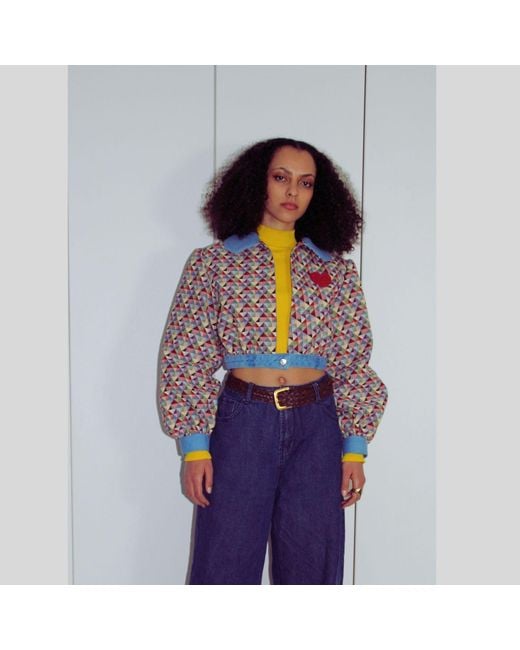 Couture to Your Door Blue Geometric Tapestry Cropped Bomber Jacket