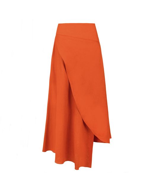 ALINA CERNĂTESCU Orange Flare Bamboo Linen Cutout Statement Top & Asymmetric Holiday Resort Midi Skirt
