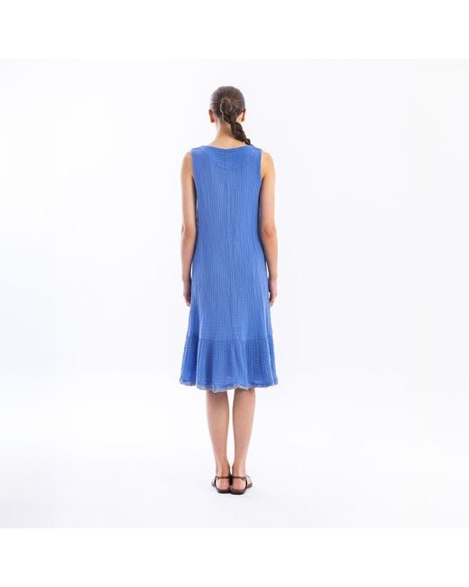 Haris Cotton Blue Sleeveless Maxi Textured Cotton Dress With Lace Trim Hem Regatta