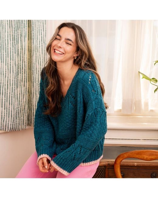 Cara & The Sky Blue Zoe Pointelle V Neck Wide Sleeve Jumper