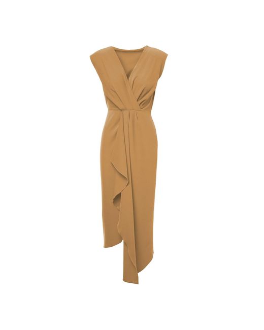 BLUZAT Brown Camel Midi Dress With Draping And Pleats