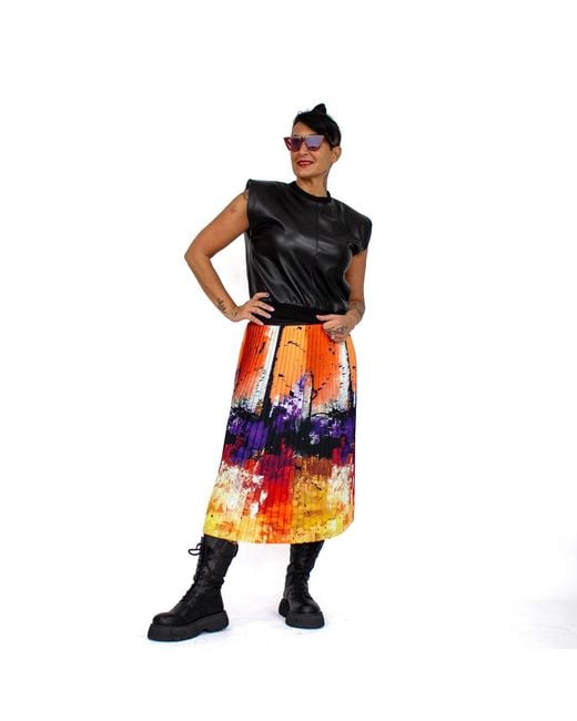 Lalipop Design Orange Colorful & Abstract Print Pleated Midi Skirt