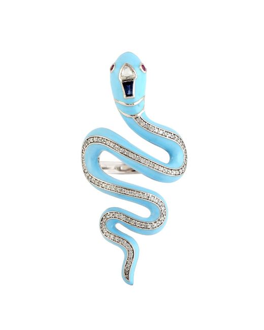 Artisan 14k White Gold In Uncut Diamond & Blue Sapphire With Ruby Snake Enamel Long Ring