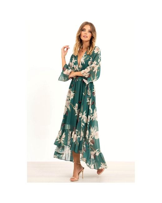 Urban Touch Green Floral Kimono Wrap Midi Dress