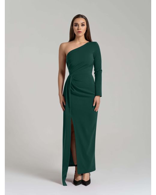 Tia Dorraine Green Iconic Glamour Draped Long Dress, Dark