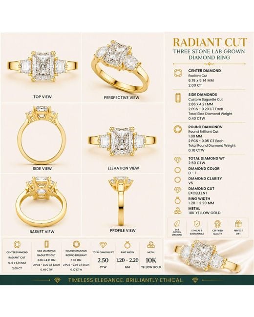 Aya Fine Jewelry Metallic Radiant Cut Three Stone Lab Diamond Ring With Baguette Side Stones