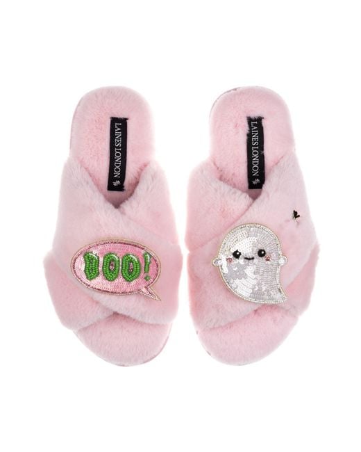 Laines London Pink Classic Slippers With Limited Edition Laines Lovables Boo The Ghost Halloween Brooches