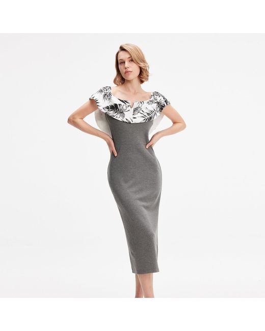 Smart and Joy Gray Bi-Material Bodicon Dress With Off-Shoulder Printed Ruffle