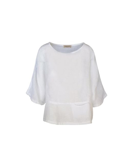 Haris Cotton White Round Neck Linen Blouse With Batwing Sleeve