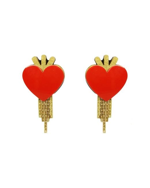 Gissa Bicalho Red Handmade Acrylic Short Earrings Heart & Fringe